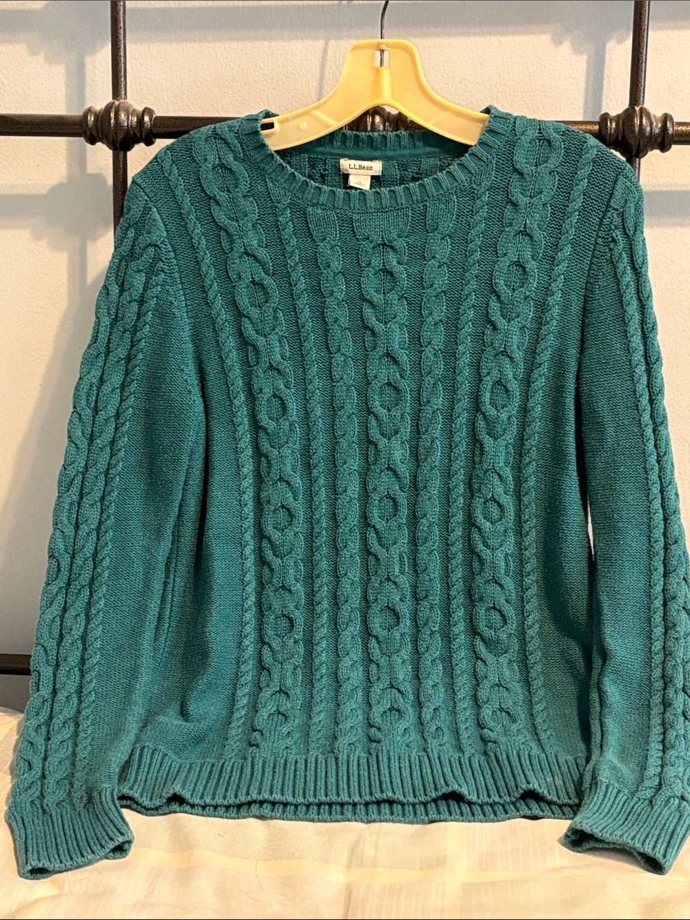 🟡 Women's L.L.Bean Double L 100% Cotton Cable Crewneck Sweater EUC Green Size S - Picture 3 of 9